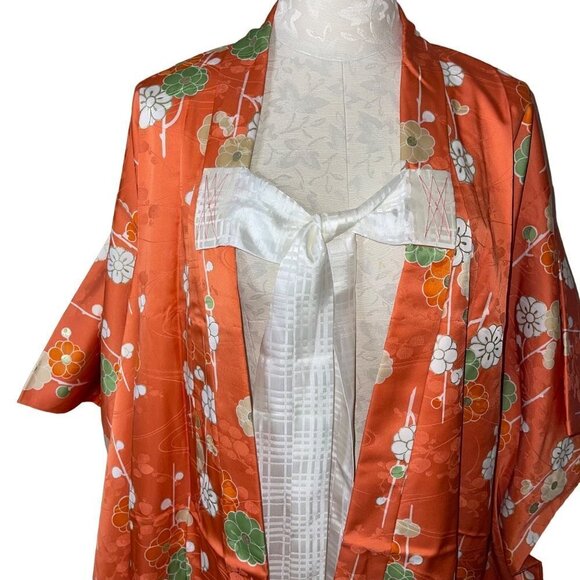 Womens Kimono One Size Orange Maxi Length Tie Front Lined Floral Embossed - Picture 3 of 16